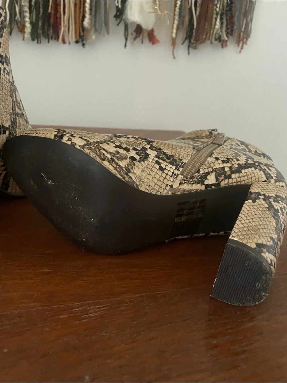 Snake Print Ankle Boots in Beige and Black - Women's Fashion Bootie size 6.5